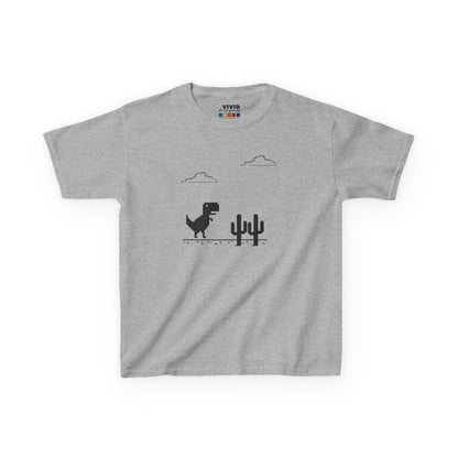 Front view of a gray "T-Rex Runner" Dinosaur Game kids T-shirt featuring a pixelated T-Rex and cactus design. Part of the Vivid Divergence Sensory Friendly Kids Shirts Range. The perfect T-shirt for sensory-sensitive kids and comes with a Sensory Satisfaction Promise.