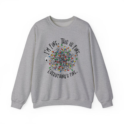 Gray sweatshirt with a festive design of tangled Christmas lights and the phrase "I'm Fine. This is Fine. Everything's Fine." Part of the Vivid Divergence Sensory Friendly Sweatshirt Range.