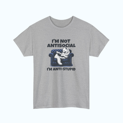 Front view of a gray T-shirt featuring a graphic of a cat on a couch with the text "I'm Not Anti-Social, I'm Anti-Stupid." Part of the Vivid Divergence Sensory Friendly Unisex Tees Range.