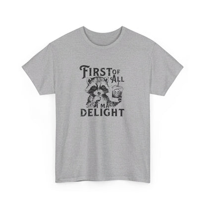 Front view of a gray T-shirt with "First of All Delight" text and graphic design. Part of the Vivid Divergence Sensory Friendly Unisex Tees Range.