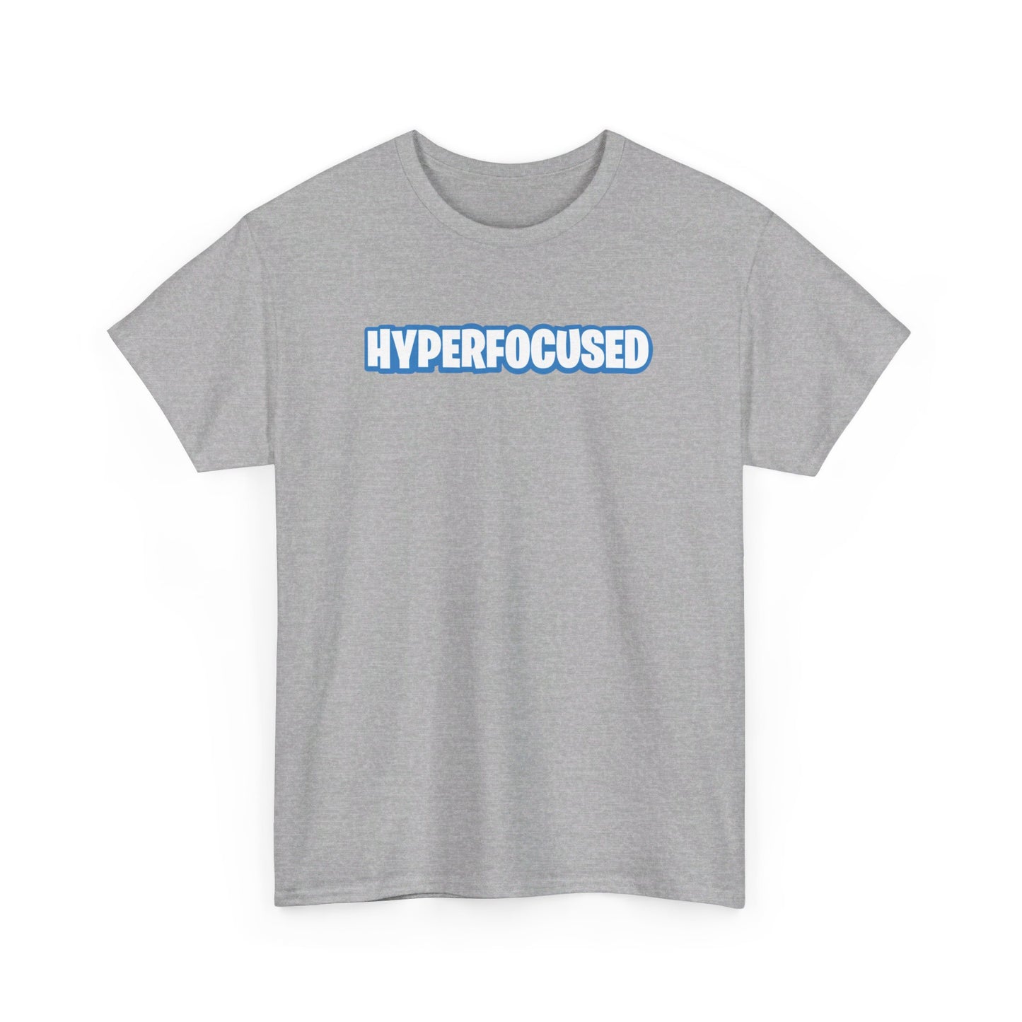 Front view of a gray T-shirt with the text "Hyperfocused" in a Fortnite-style design. Part of the Vivid Divergence Sensory Friendly Unisex Tees Range.