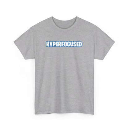 Front view of a gray T-shirt with the text "Hyperfocused" in a Fortnite-style design. Part of the Vivid Divergence Sensory Friendly Unisex Tees Range.