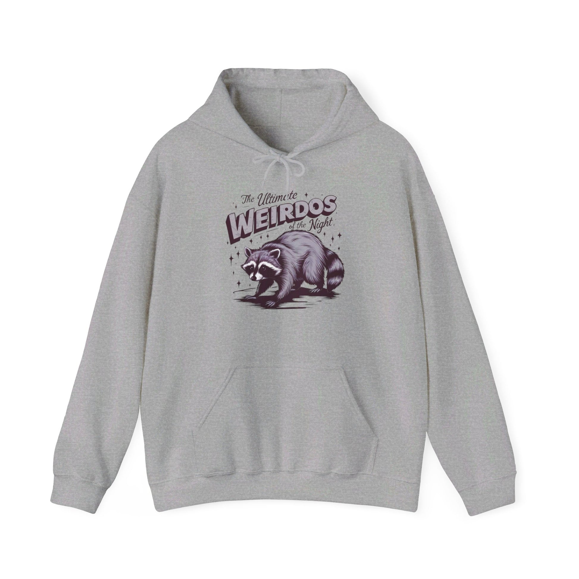 Front view of a gray hoodie featuring the text "The Ultimate Weirdos of the Night" with a cartoon illustration of a raccoon and an opossum. Part of the Vivid Divergence Sensory Friendly Unisex Hoodie Range.