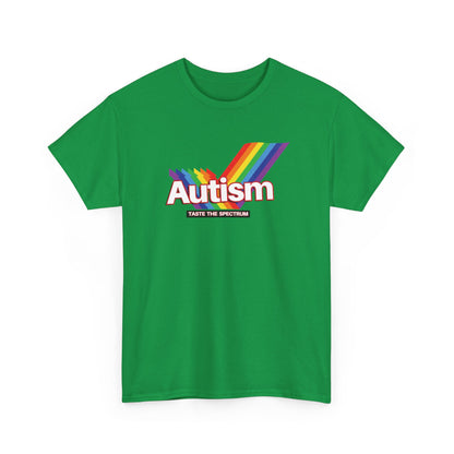 Front view of a green T-shirt worn by a person, featuring the phrase "Autism" in a Skittles-inspired design with a rainbow graphic. Part of the Vivid Divergence Sensory Friendly Unisex Tees Range.