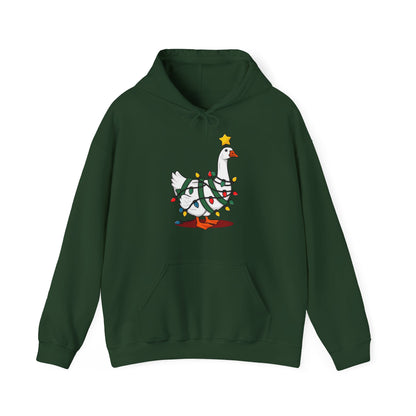 Front view of a green hoodie featuring a festive illustration of a goose wearing a Santa hat and stringing Christmas lights, with the text "Goose on the Loose." Part of the Vivid Divergence Sensory Friendly Unisex Hoodie Range.
