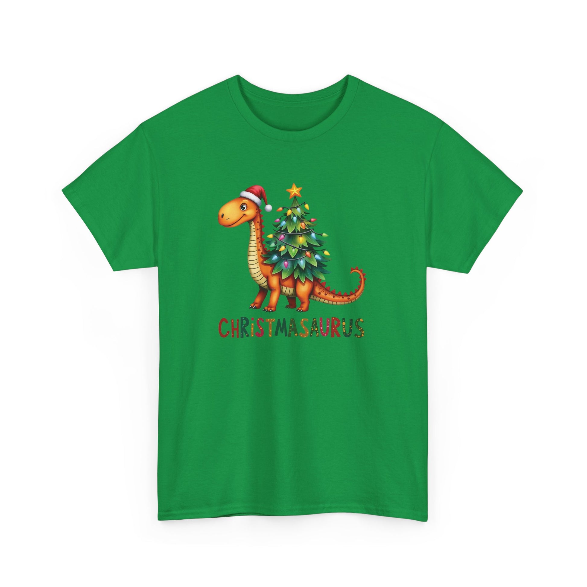 Front view of a green T-shirt featuring a festive illustration of a dinosaur decorated as a Christmas tree with ornaments and lights, and the text "Christmasaurus." Part of the Vivid Divergence Sensory Friendly Unisex Tees Range.