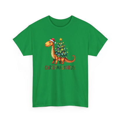 Front view of a green T-shirt featuring a festive illustration of a dinosaur decorated as a Christmas tree with ornaments and lights, and the text "Christmasaurus." Part of the Vivid Divergence Sensory Friendly Unisex Tees Range.