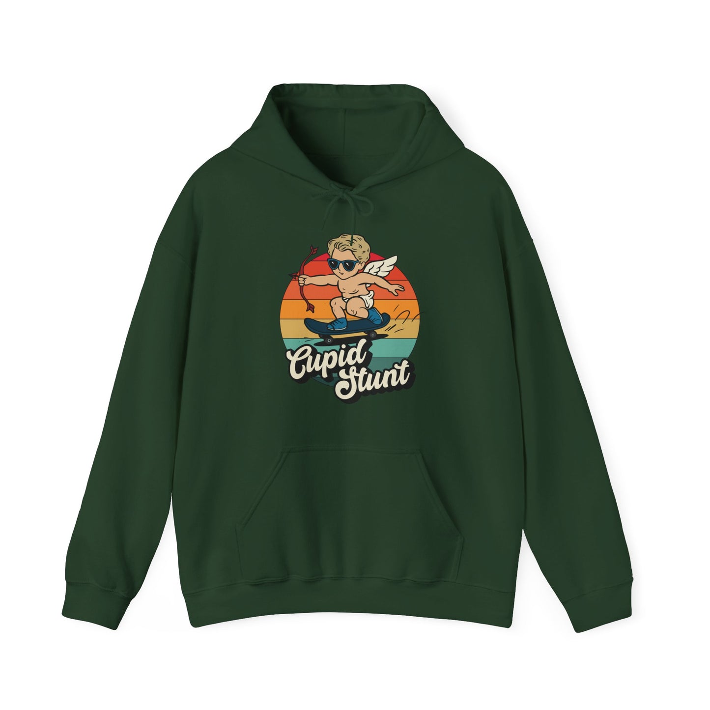 Front view of a forest green hoodie featuring a retro-style sunset background with an illustration of Cupid riding a skateboard and the text "Cupid Stunt." Part of the Vivid Divergence Sensory Friendly Unisex Hoodie Range.