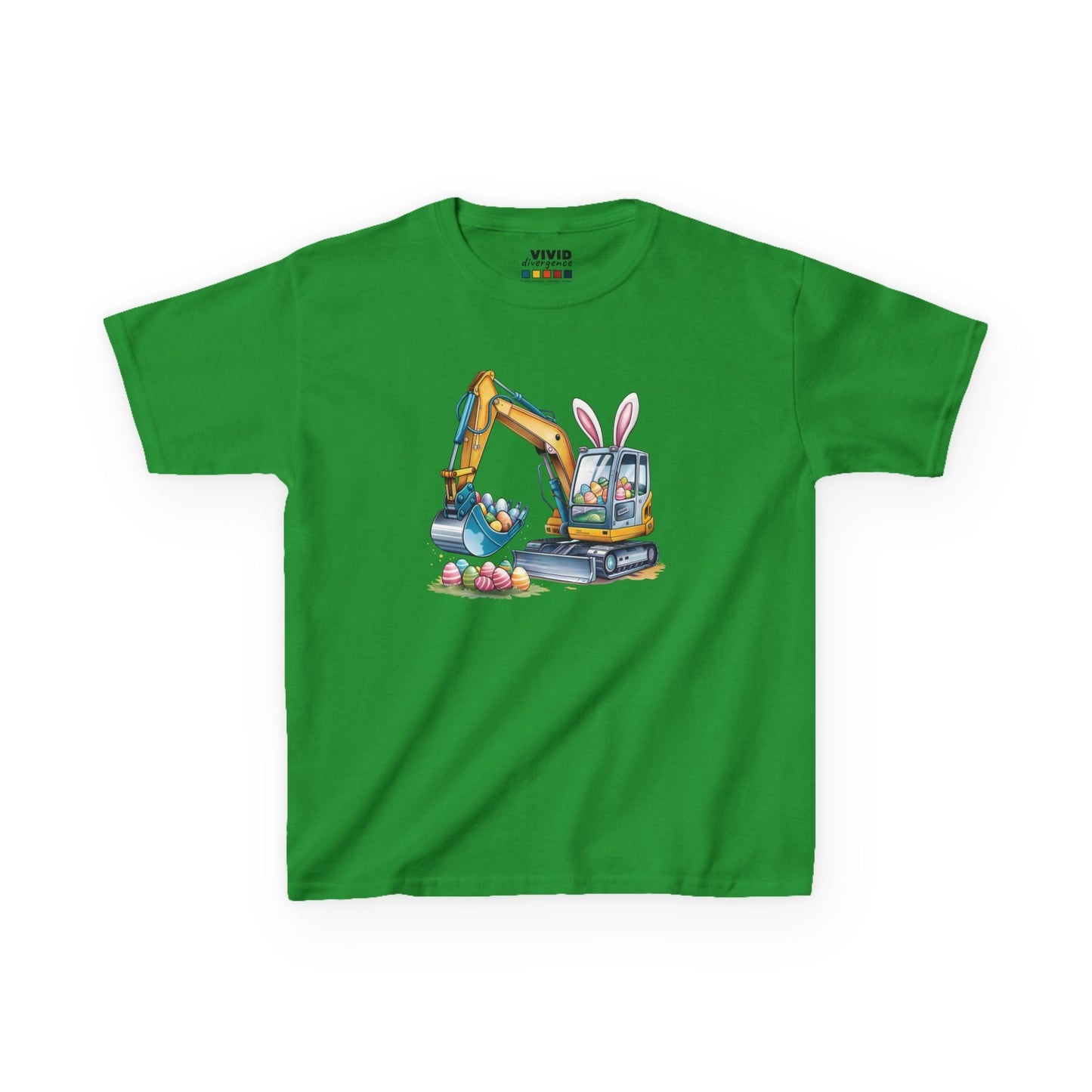 Green kids' T-shirt featuring a fun Easter excavator digging up colorful eggs, perfect for little construction fans. Hop into the season in style and shop Easter shirts online today!