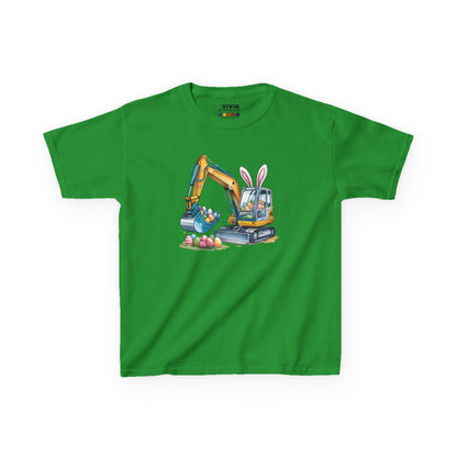 Green kids' T-shirt featuring a fun Easter excavator digging up colorful eggs, perfect for little construction fans. Hop into the season in style and shop Easter shirts online today!