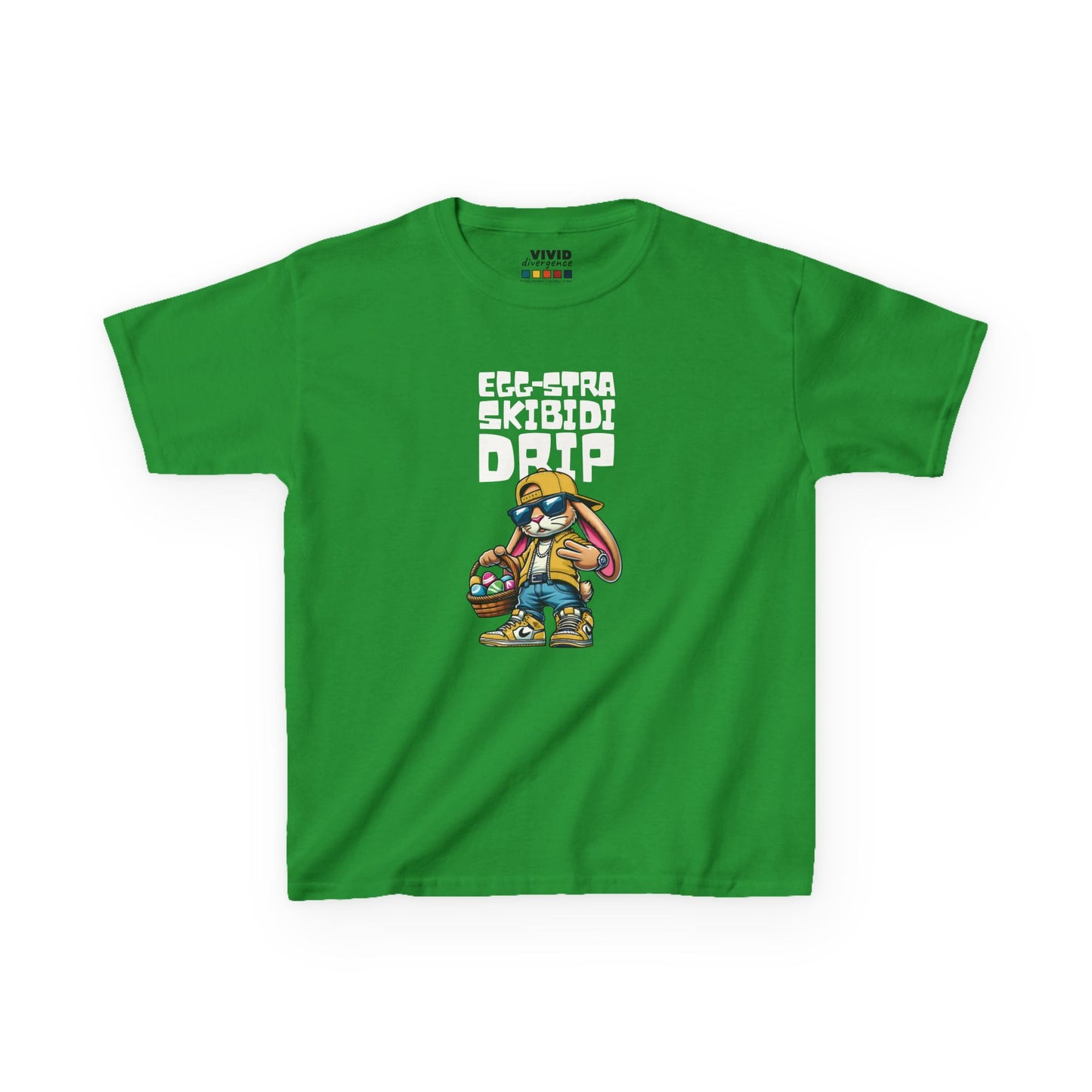 Green kids' T-shirt featuring a Skibidi bunny with "Egg-Stra Skibidi Drip" text, a unique and playful holiday design. Hop into the season in style and shop Easter shirts online today!