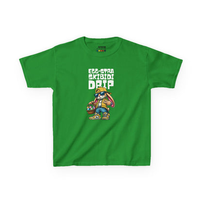Green kids' T-shirt featuring a Skibidi bunny with "Egg-Stra Skibidi Drip" text, a unique and playful holiday design. Hop into the season in style and shop Easter shirts online today!