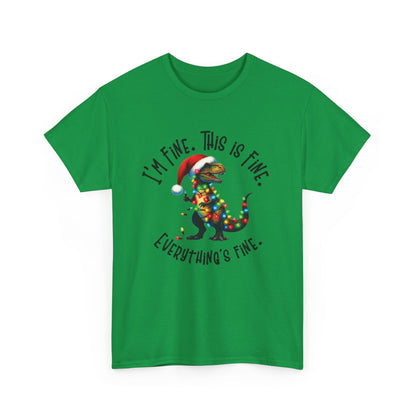 Front view of a green T-shirt featuring a festive illustration of a dinosaur tangled in Christmas lights with the text "I’m Fine. This is Fine. Everything is Fine." Part of the Vivid Divergence Sensory Friendly Unisex Tees Range.