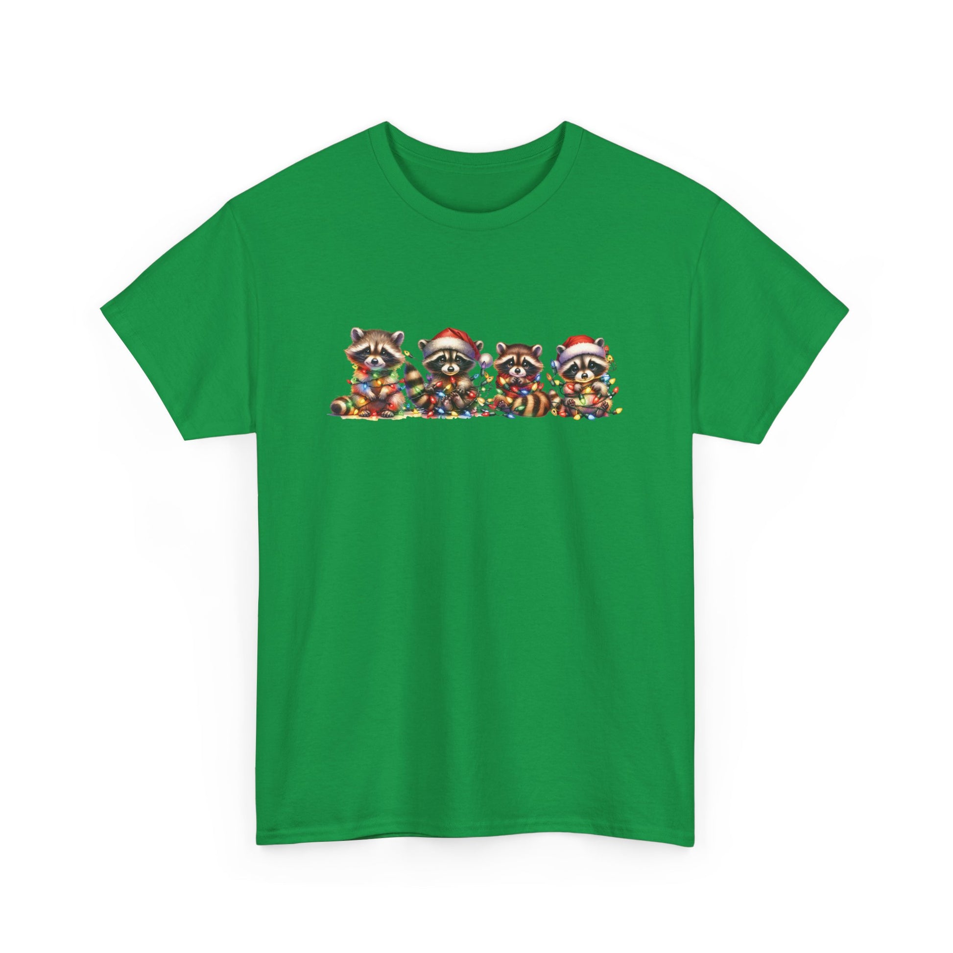 Front view of a green T-shirt featuring a festive illustration of raccoons in Christmas attire causing holiday chaos. Part of the Vivid Divergence Sensory Friendly Unisex Tees Range.