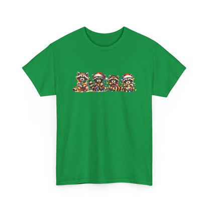 Front view of a green T-shirt featuring a festive illustration of raccoons in Christmas attire causing holiday chaos. Part of the Vivid Divergence Sensory Friendly Unisex Tees Range.