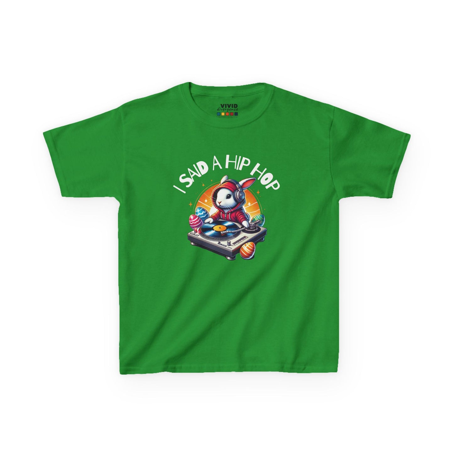 Green kids' T-shirt with a hip-hop bunny and "I Said A Hip Hop" text, inspired by classic rap beats, a fresh Easter outfit. Hop into the season in style and shop Easter shirts online today!