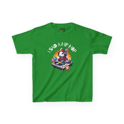 Green kids' T-shirt with a hip-hop bunny and "I Said A Hip Hop" text, inspired by classic rap beats, a fresh Easter outfit. Hop into the season in style and shop Easter shirts online today!