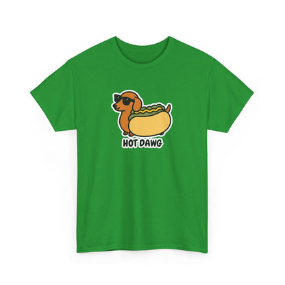 Front view of a green T-shirt featuring a "Hot Dawg" design with a cartoon dachshund inside a hot dog bun wearing sunglasses. Part of the Vivid Divergence Sensory Friendly Unisex Tees Range.