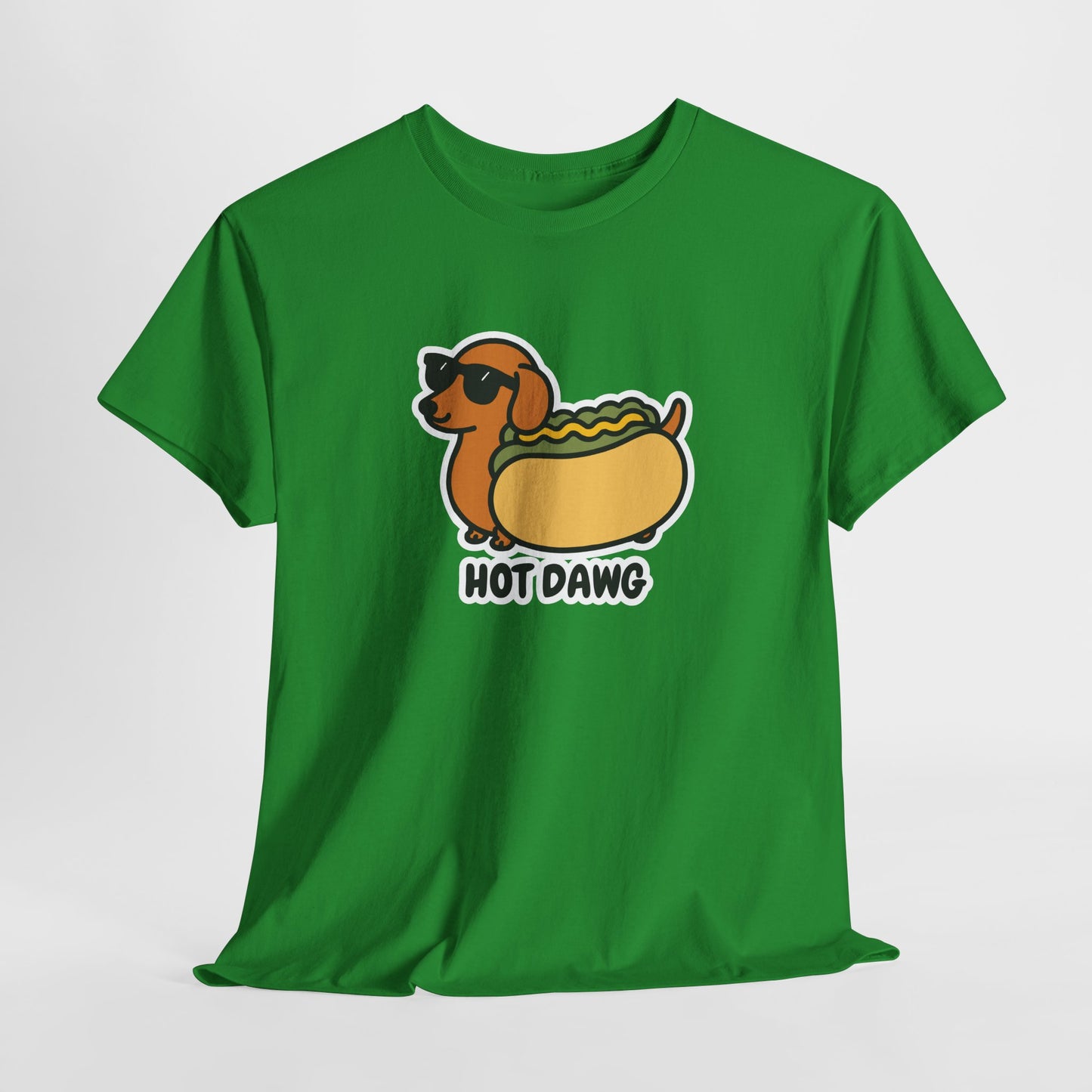 Hanging green T-shirt featuring a "Hot Dawg" design with a cartoon dachshund inside a hot dog bun wearing sunglasses. Part of the Vivid Divergence Sensory Friendly Unisex Tees Range.