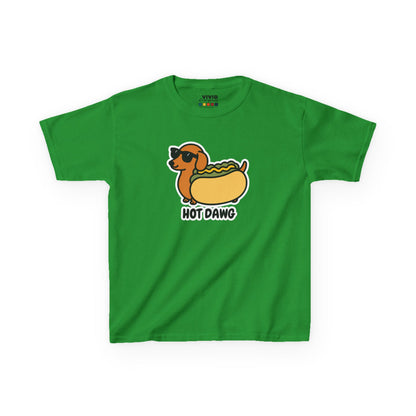 Front view of a green "Hot Dawg" kids T-shirt featuring a cartoon dachshund in a hot dog bun. Part of the Vivid Divergence Sensory Friendly Kids Shirts Range. The perfect T-shirt for sensory-sensitive kids and comes with a Sensory Satisfaction Promise.