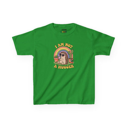 Front view of a green "I Am Not A Hugger" kids T-shirt featuring a cute cactus graphic with a rainbow background. Part of the Vivid Divergence Sensory Friendly Kids Shirts Range. The perfect T-shirt for sensory-sensitive kids and comes with a Sensory Satisfaction Promise.