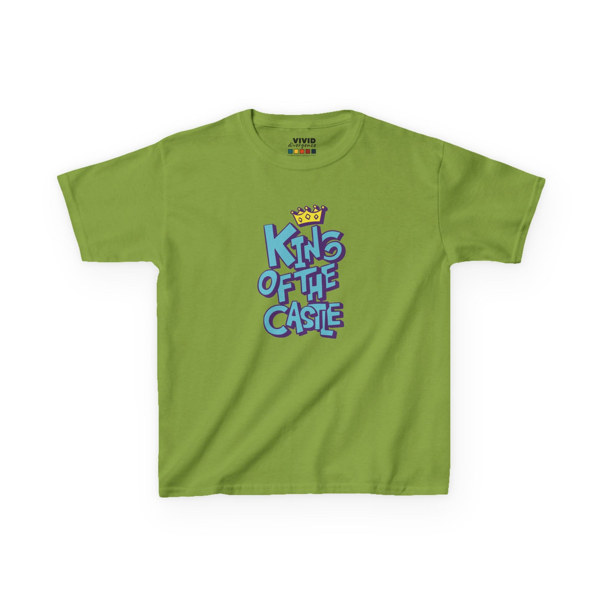 Front view of a green "King Of The Castle" kids T-shirt featuring bold blue text with a crown graphic. Part of the Vivid Divergence Sensory Friendly Kids Shirts Range. The perfect T-shirt for sensory-sensitive kids and comes with a Sensory Satisfaction Promise.