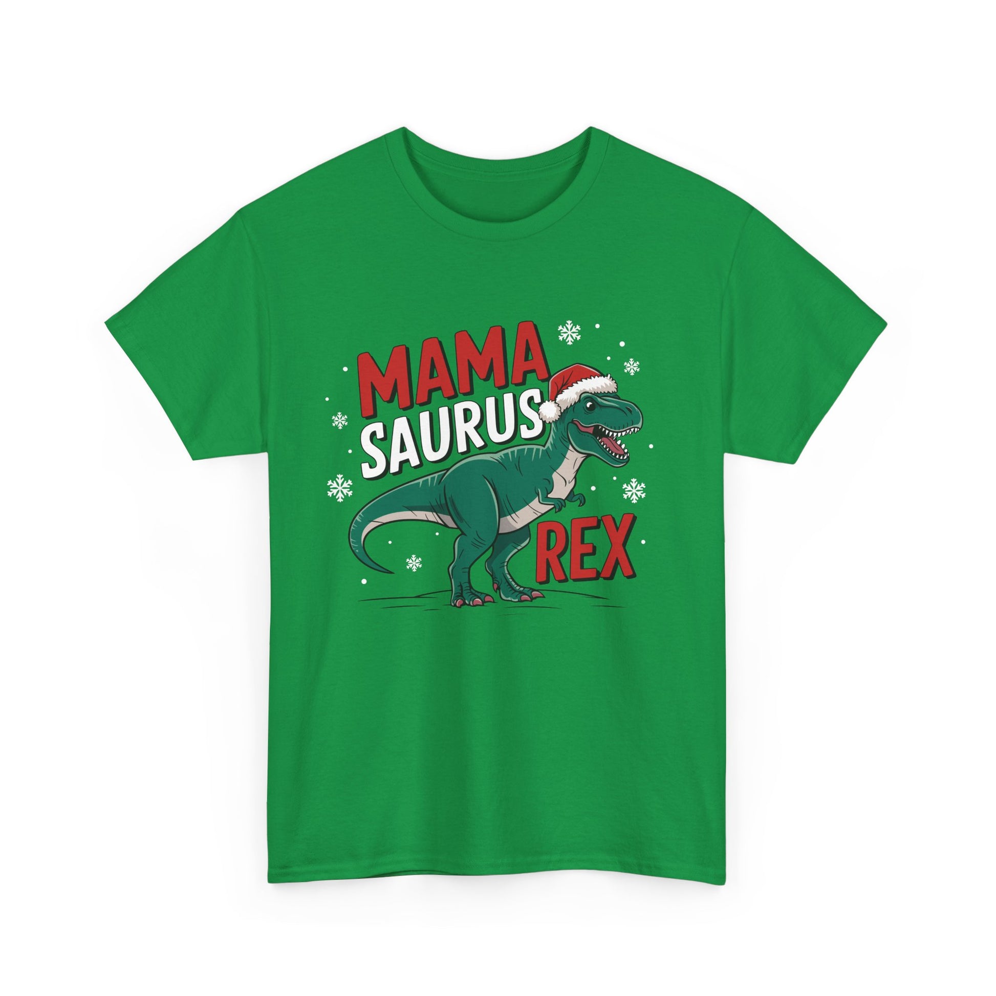 Front view of a green T-shirt featuring a "Mama-Saurus Rex" design with a festive dinosaur illustration. Part of the Vivid Divergence Sensory Friendly Unisex Tees Range.