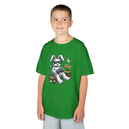Child wearing a green Easter T-shirt with a Minecraft-style bunny and Easter eggs, a fun and vibrant holiday choice. Hop into the season in style and shop Easter shirts online today!