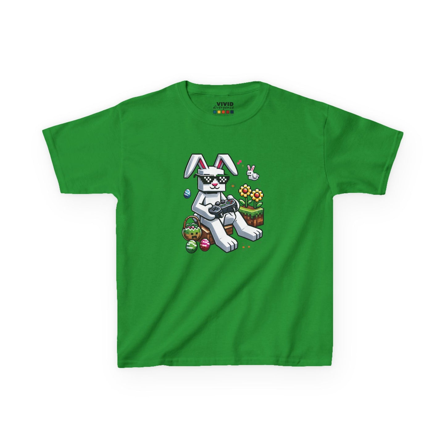 Green kids' T-shirt with a pixel-art Easter bunny holding colorful eggs, a perfect gaming-inspired holiday look. Hop into the season in style and shop Easter shirts online today!