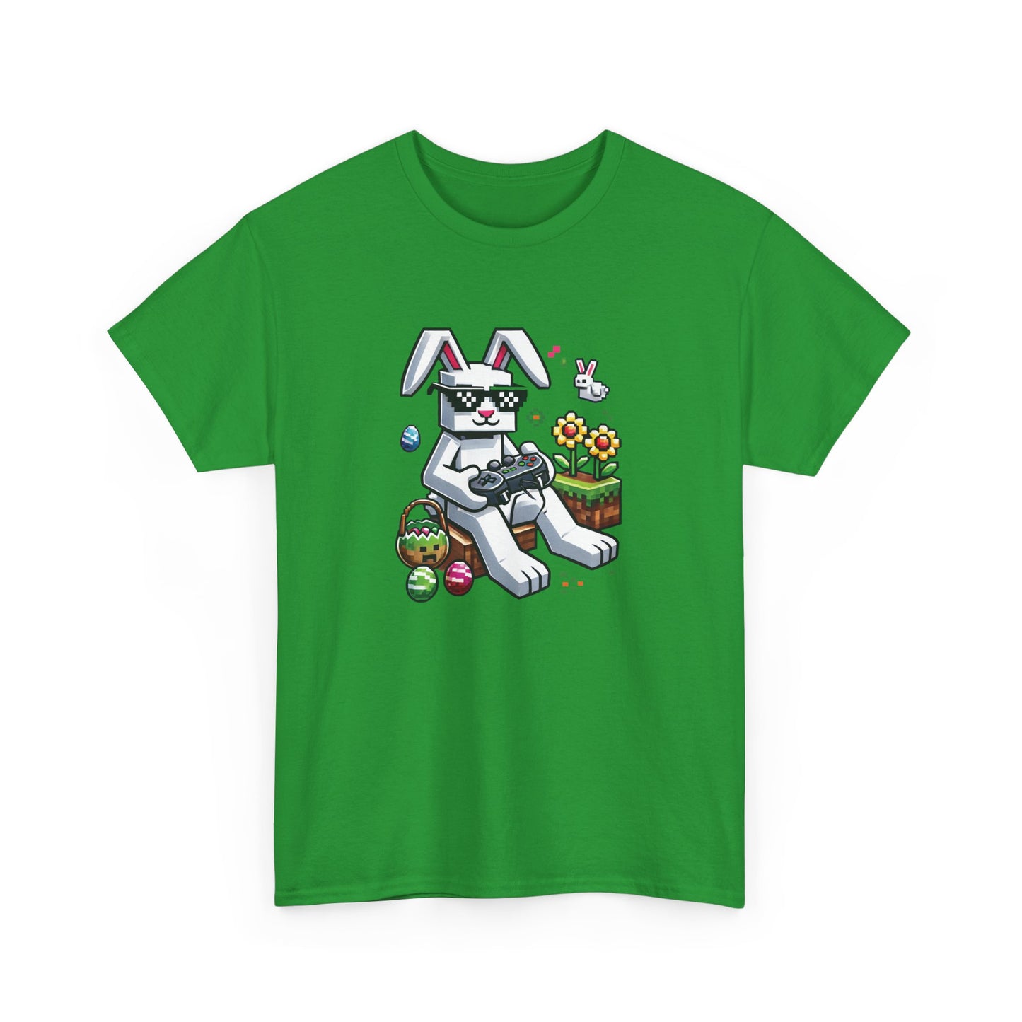 Green Easter T-shirt decorated with a Minecraft-inspired Easter bunny and pixel eggs, a cool holiday outfit. Hop into the season in style and shop Easter shirts online today!