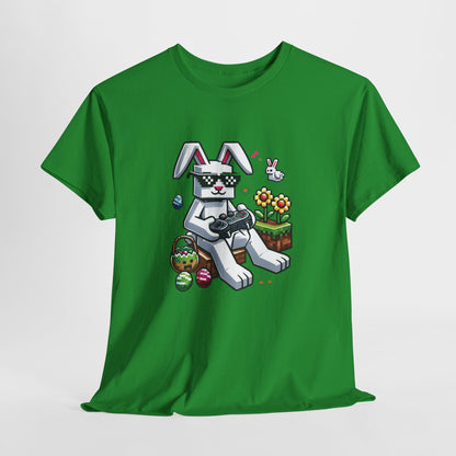 Green T-shirt hanging, decorated with a Minecraft-style bunny and pixelated Easter eggs, a fun gaming-inspired look. Hop into the season in style and shop Easter shirts online today!