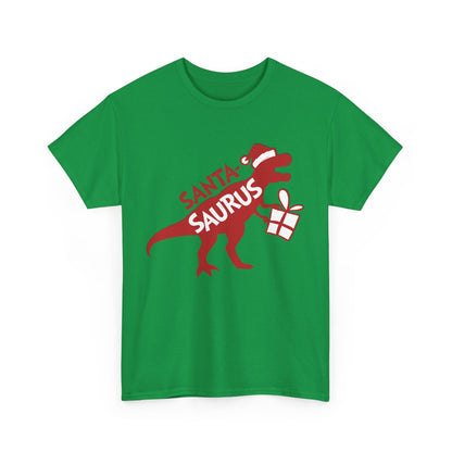 Front view of a green T-shirt featuring a "Santa-Saurus Rex" design with a red dinosaur wearing a Santa hat and carrying a gift. Part of the Vivid Divergence Sensory Friendly Unisex Tees Range.