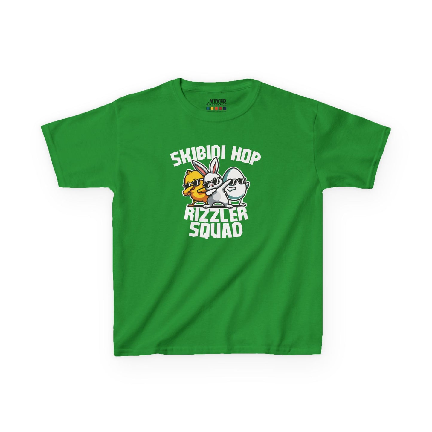 Green kids' T-shirt with a trendy "Skibidi Hop Rizzler Squad" Easter meme design, perfect for a fun and unique holiday look. Hop into the season in style and shop Easter shirts online today!