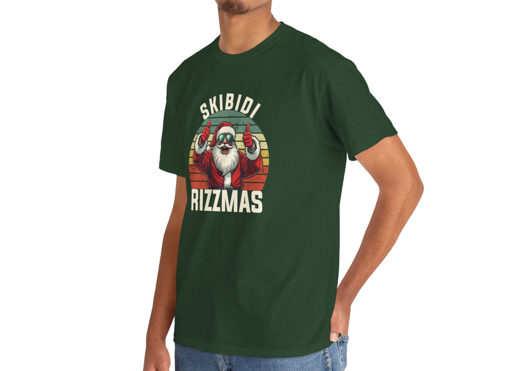 Model wearing a dark green T-shirt showcasing a Skibidi Rizzmas retro Christmas print with a festive aesthetic. Part of the Vivid Divergence Sensory Friendly Unisex Tees Range.