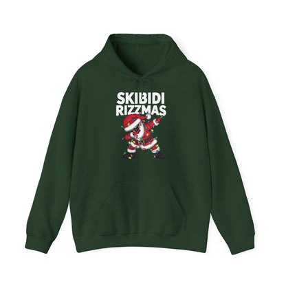 Green hoodie with a dabbing Santa and "Skibidi Rizzmas" text, laid flat. Part of the Vivid Divergence Sensory Friendly Unisex Hoodies Range.