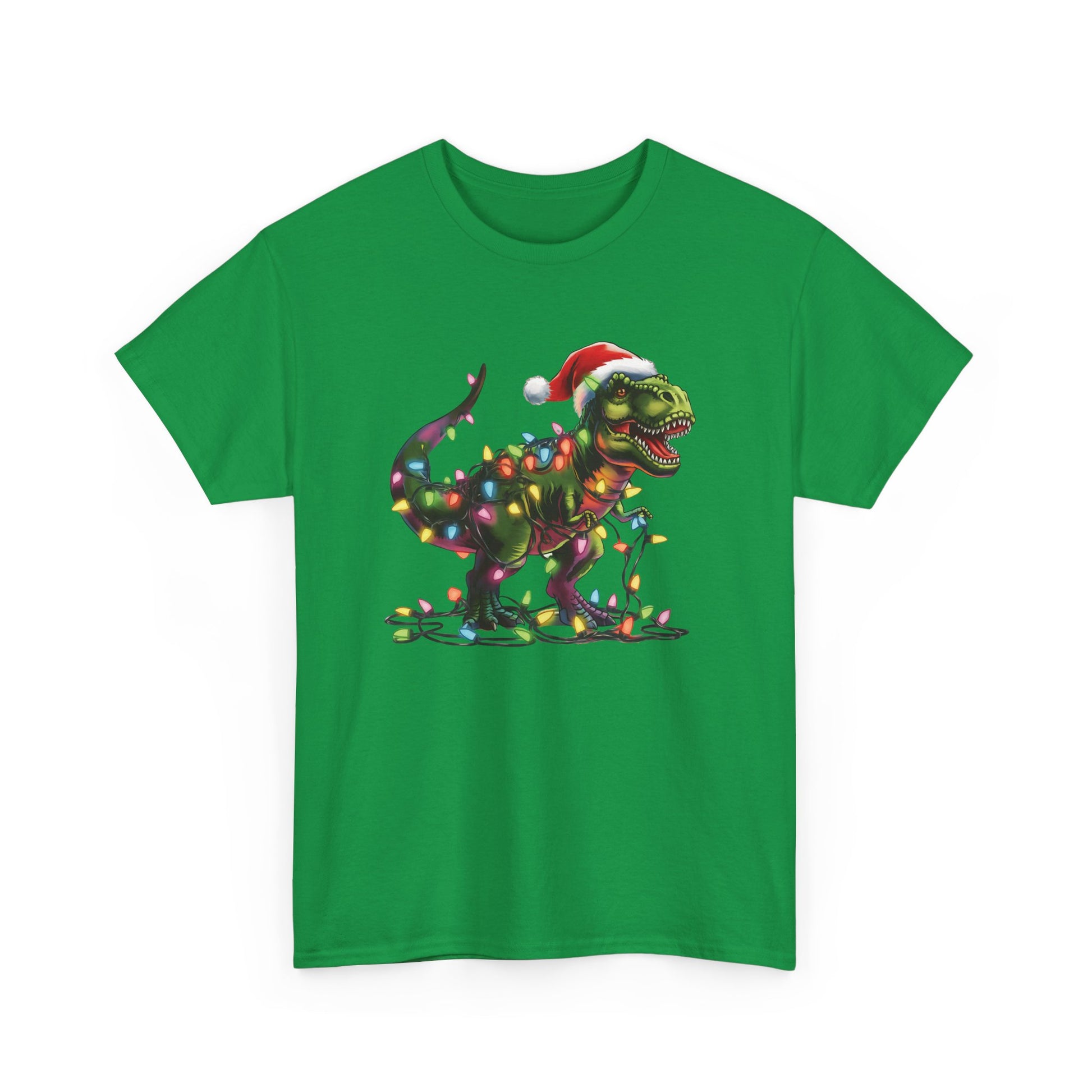 Green T-shirt with a holiday T-Rex tangled in Christmas lights, wearing a Santa hat. Part of the Vivid Divergence Sensory Friendly Unisex Tees Range.