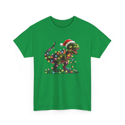 Green T-shirt with a holiday T-Rex tangled in Christmas lights, wearing a Santa hat. Part of the Vivid Divergence Sensory Friendly Unisex Tees Range.