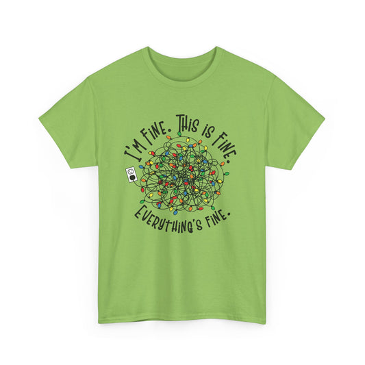 Green T-shirt featuring a colorful tangle of Christmas lights with the phrase "I'm Fine. This is Fine. Everything's Fine." Part of the Vivid Divergence Sensory Friendly Unisex Tees Range.