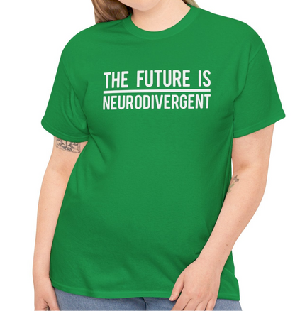 Model wearing a green T-shirt with the text "The Future is Neurodivergent" in bold white letters. Part of the Vivid Divergence Sensory Friendly Unisex Tees Range.