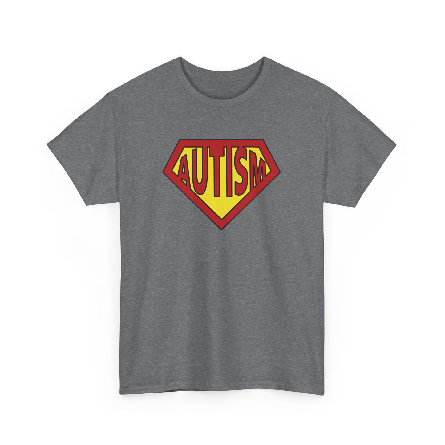 Front view of a grey Autism Superpower T-shirt with a Superman-inspired logo. Part of the Vivid Divergence Sensory Friendly Unisex Tees Range.