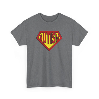 Front view of a grey Autism Superpower T-shirt with a Superman-inspired logo. Part of the Vivid Divergence Sensory Friendly Unisex Tees Range.