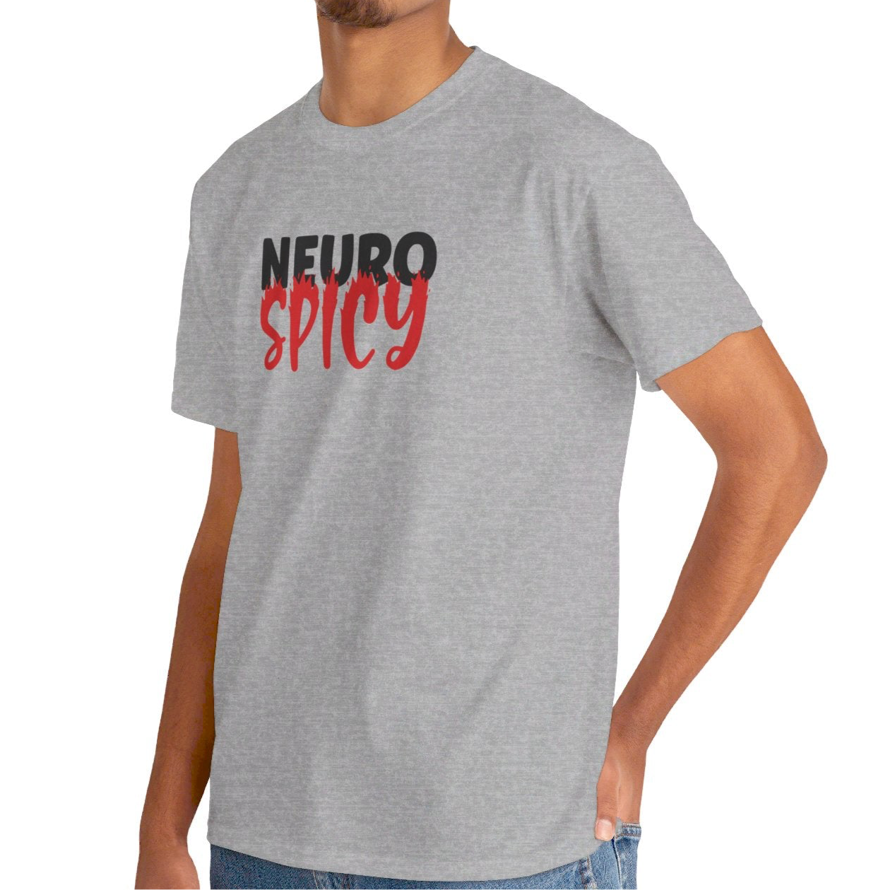 Model wearing a grey T-shirt with "Neuro Spicy" text in bold white and red. Part of the Vivid Divergence Sensory Friendly Unisex Tees Range.