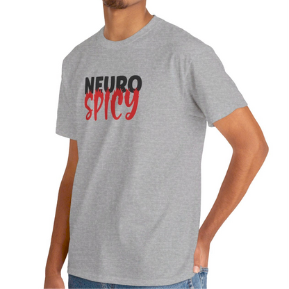 Model wearing a grey T-shirt with "Neuro Spicy" text in bold white and red. Part of the Vivid Divergence Sensory Friendly Unisex Tees Range.