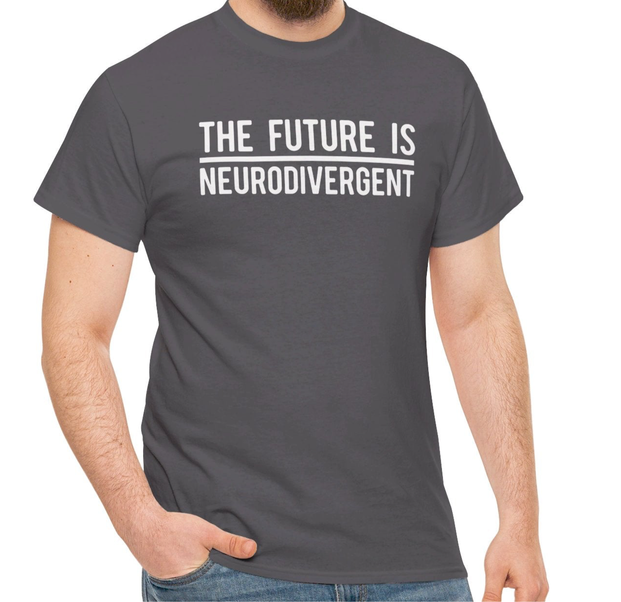 Model wearing a grey T-shirt with the text "The Future is Neurodivergent" in bold white letters. Part of the Vivid Divergence Sensory Friendly Unisex Tees Range.