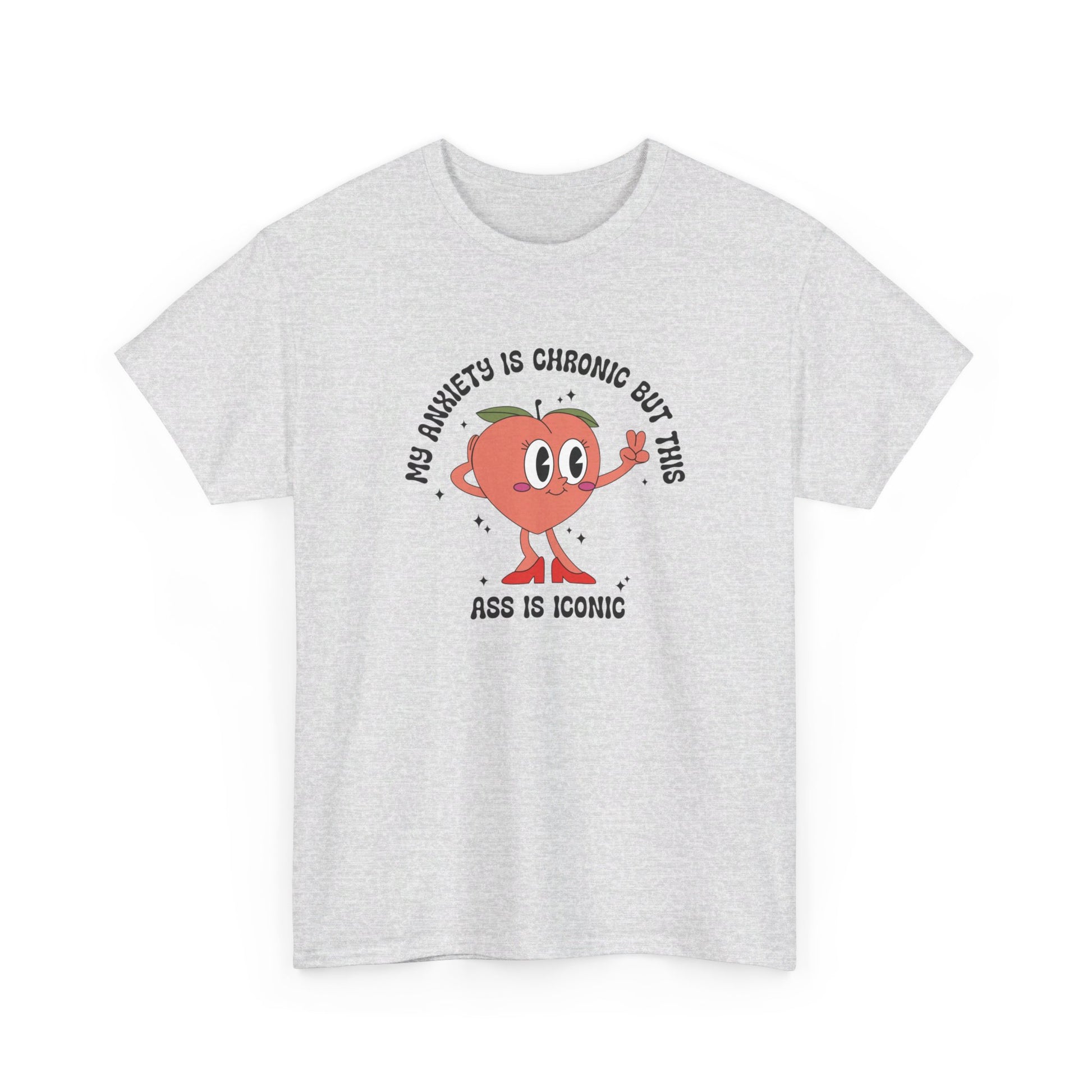 Heather gray T-shirt showcasing the text "My Anxiety Is Chronic But This Ass Is Iconic" with a bold graphic, displayed on a white background. Part of the Vivid Divergence Sensory Friendly Unisex Tees Range.