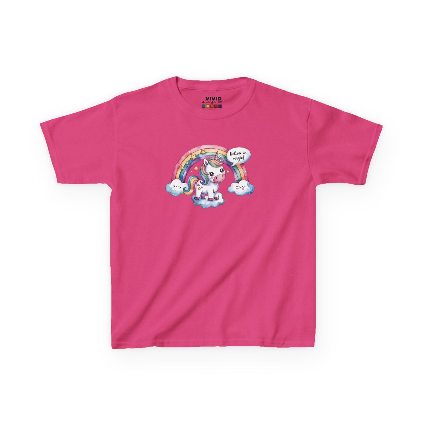 Front view of a hot pink "Believe In Magic" unicorn kids T-shirt featuring a colorful unicorn under a rainbow. Part of the Vivid Divergence Sensory Friendly Kids Shirts Range. The perfect T-shirt for sensory-sensitive kids and comes with a Sensory Satisfaction Promise.