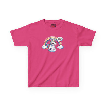 Front view of a hot pink "Believe In Magic" unicorn kids T-shirt featuring a colorful unicorn under a rainbow. Part of the Vivid Divergence Sensory Friendly Kids Shirts Range. The perfect T-shirt for sensory-sensitive kids and comes with a Sensory Satisfaction Promise.