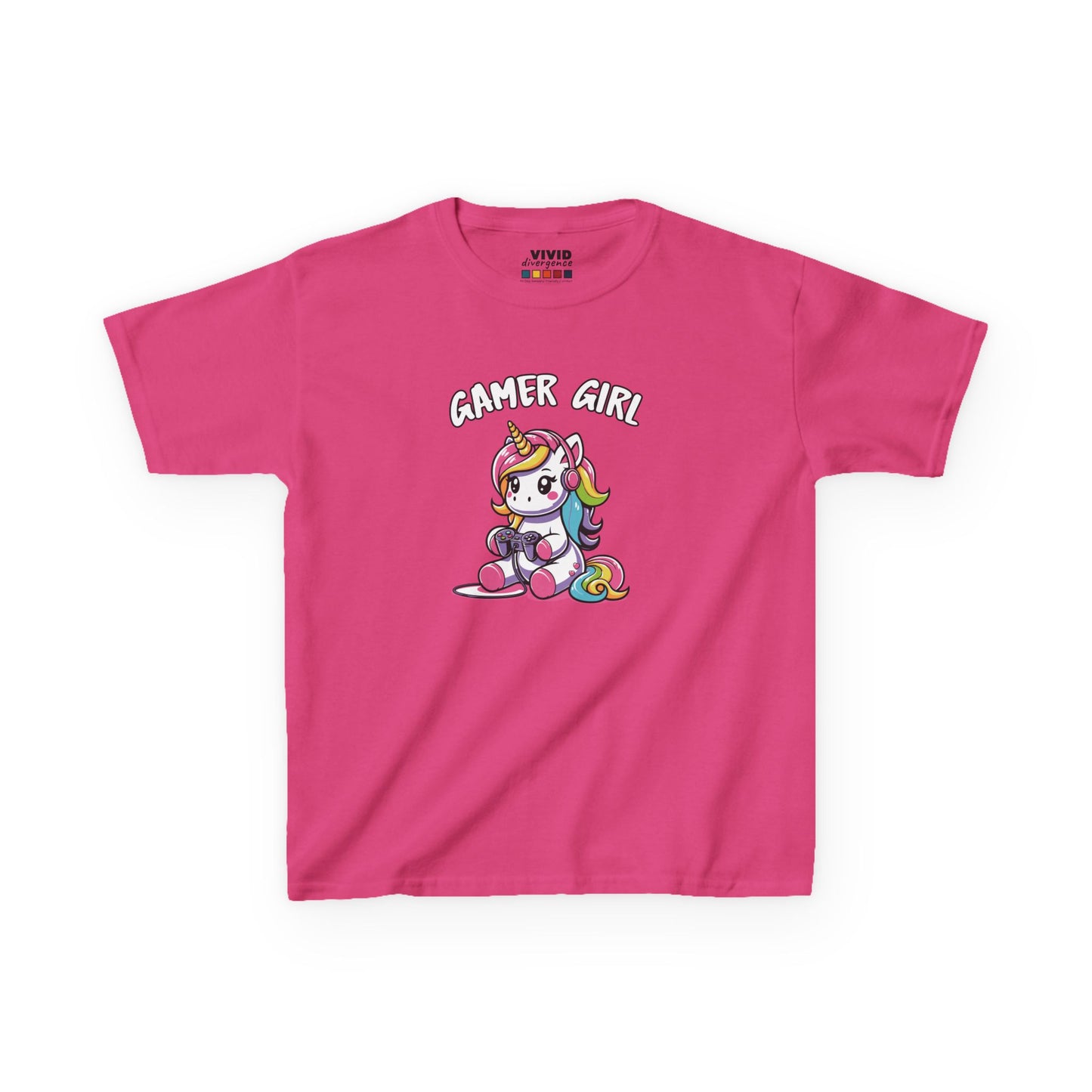 Front view of a hot pink "Gamer Girl" unicorn kids T-shirt featuring a unicorn with gaming gear. Part of the Vivid Divergence Sensory Friendly Kids Shirts Range. The perfect T-shirt for sensory-sensitive kids and comes with a Sensory Satisfaction Promise.