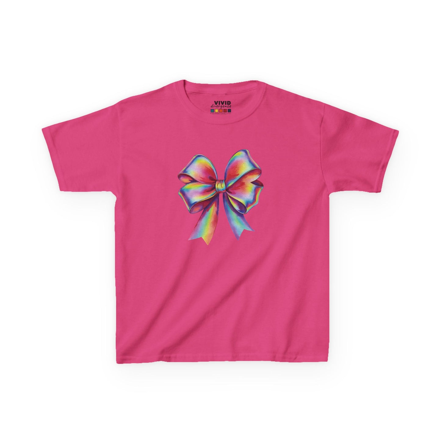 Front view of a hot pink "Rainbow Holographic Bow" kids T-shirt featuring a colorful holographic bow graphic. Part of the Vivid Divergence Sensory Friendly Kids Shirts Range. The perfect T-shirt for sensory-sensitive kids and comes with a Sensory Satisfaction Promise.