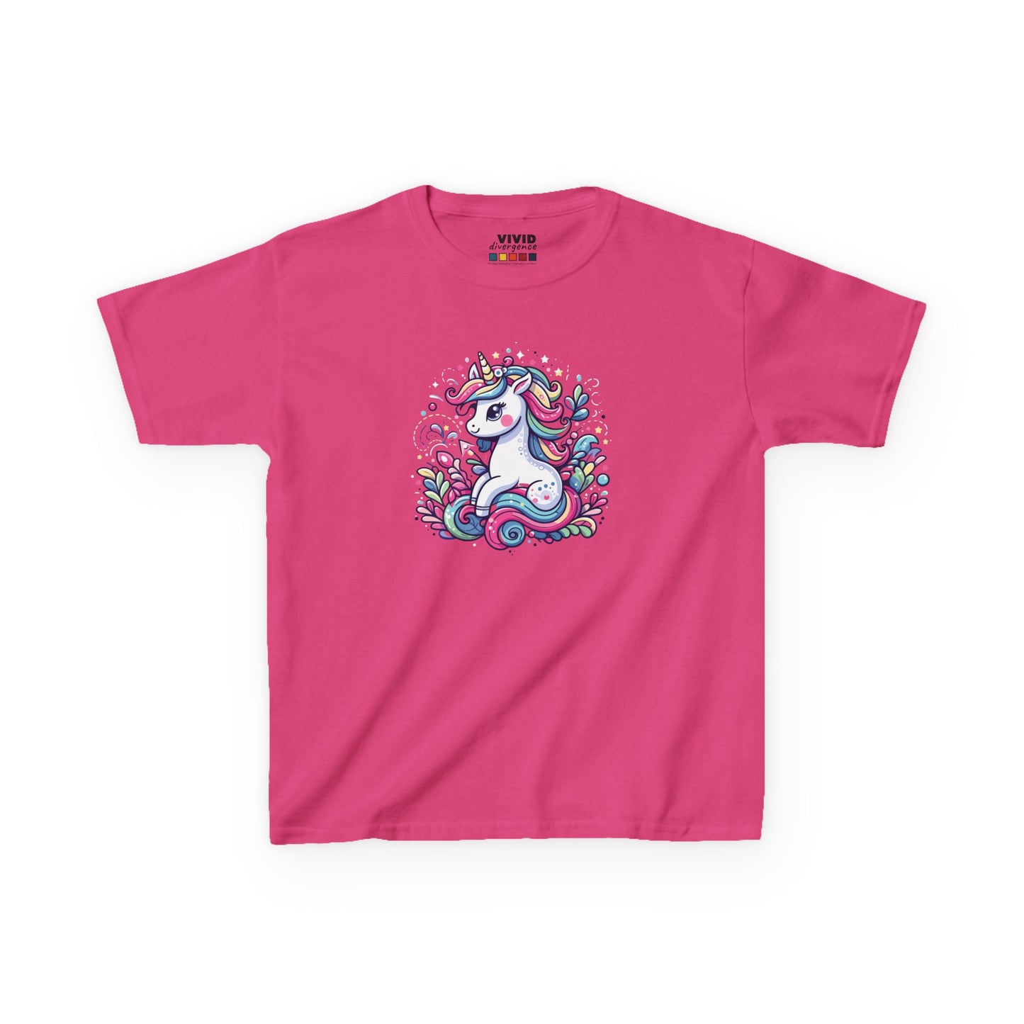 Front view of a hot pink "Unicorn Vibes" kids T-shirt featuring a colorful, whimsical unicorn design. Part of the Vivid Divergence Sensory Friendly Kids Shirts Range. The perfect T-shirt for sensory-sensitive kids and comes with a Sensory Satisfaction Promise.